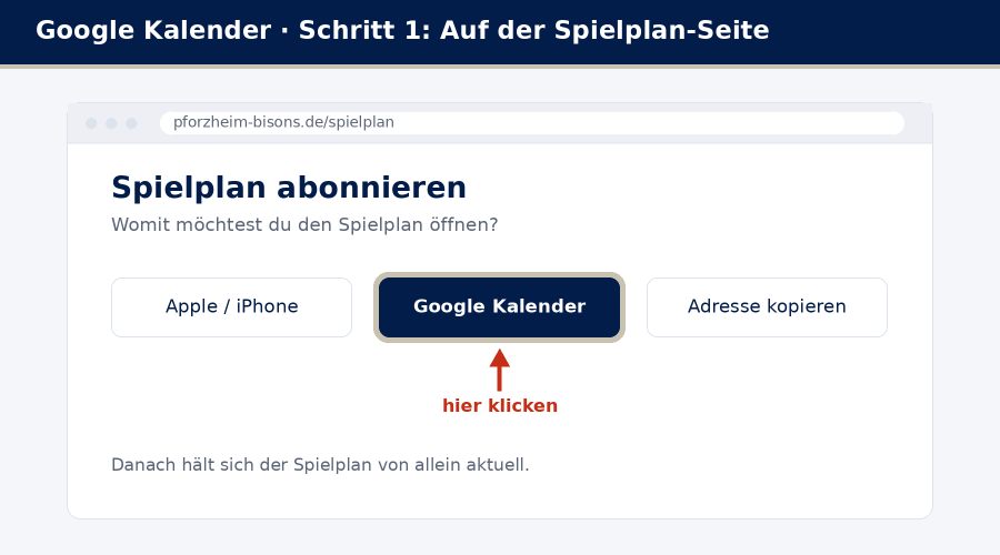 Der Knopf „Google Kalender" auf der Spielplan-Seite