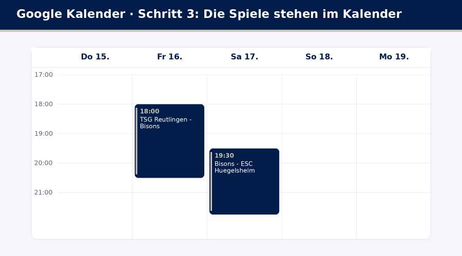 Die Spiele stehen im Google Kalender