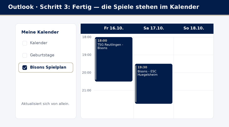 Die Spiele stehen im Outlook-Kalender