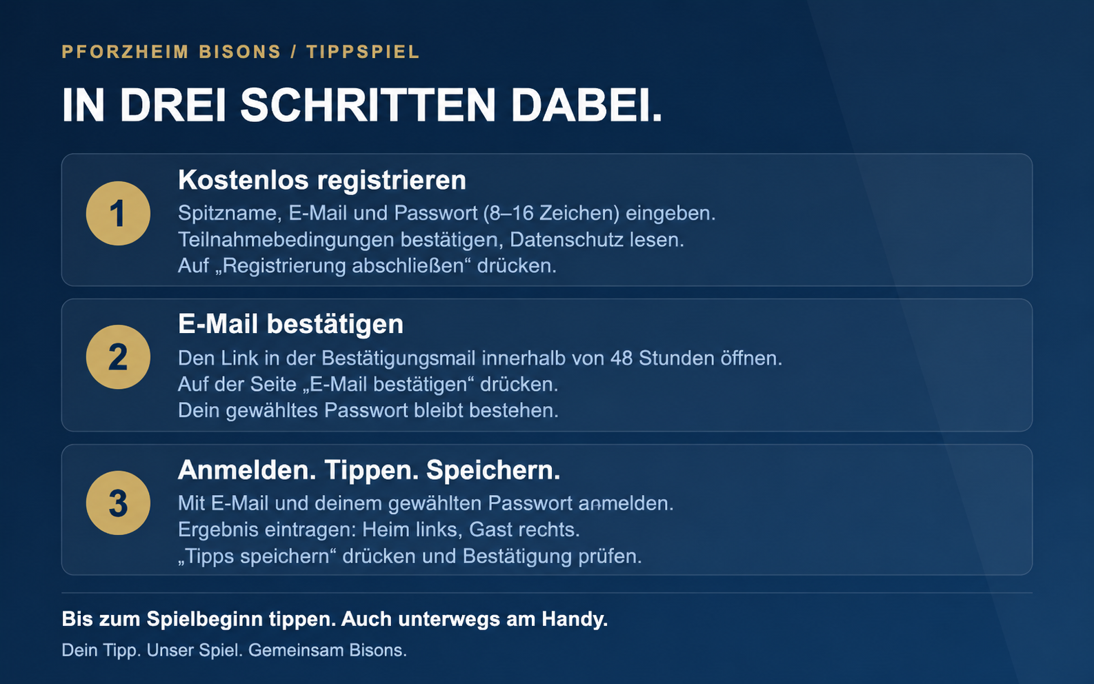 In drei Schritten zum Bisons-Tippspiel: mit Passwort registrieren, E-Mail bestätigen, anmelden und Tipps speichern. Das gewählte Passwort bleibt bestehen.